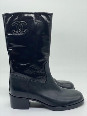Pre-owned Chanel 21a Calfskin Leather Cc Ascot Mid Calf Midcalf Boots Black $1500