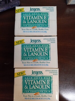 3 Jergens Vitamin E & Lanolin for Sensitive Skin 2 pk 4.75 oz Soap Bar VTG 1993
