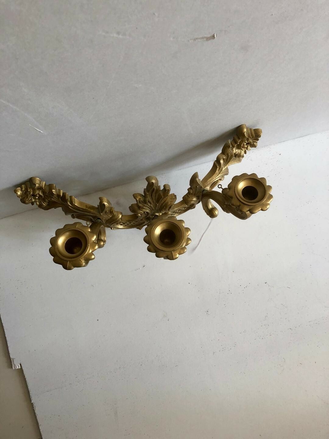 vintage decorator ornate wall sconces 3 candle holders Satin Brass color