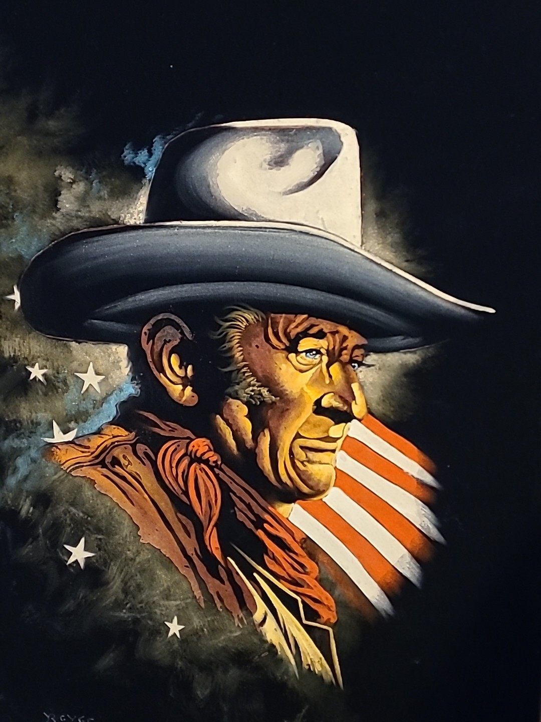 絵画 Velvet Vtg Velvet Painting John Wayne SIGNED Carved Frame 39