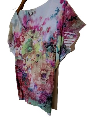2 Layer Work Of Art Pleated floral  Bokeh Effect  short sleeve blouse 1X Sz 18