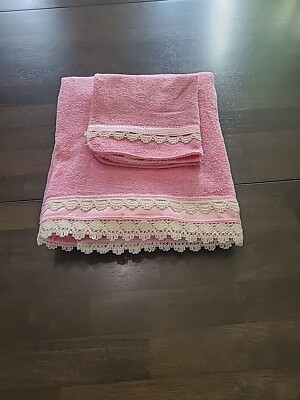 Vintage Dundee Bath Towel & Washcloth Set Pink With Ivory Lace & Pink Ribbon USA