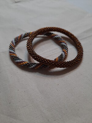 Sashka Co Handcrafted In Nepal Glass Beaded Sparkle Copper Striped Bracelets (2)