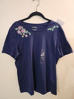 Coral Bay Short Sleeve Blue T-shirt With Embroidered Design Crew Neck Size L NWT