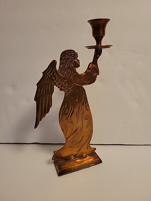 Large Brass Angel Candlestick Holder 9 1/2  Tall Christmas Girl Wings 