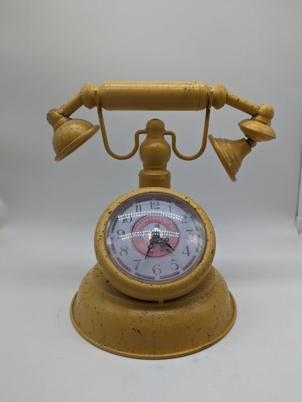 Yellow Retro Metal Mantel Clock - Old Fashioned Telephone - Vintage Shabby Chic
