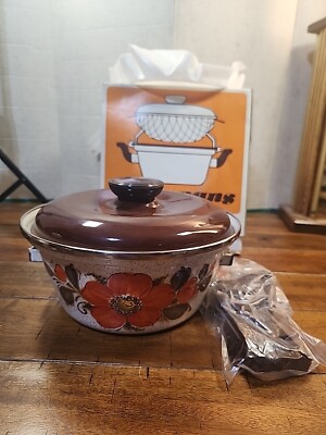 VTG Sanko Ware Orange Flowered Show Pans Porcelain Clad Steel Deep Fryer 