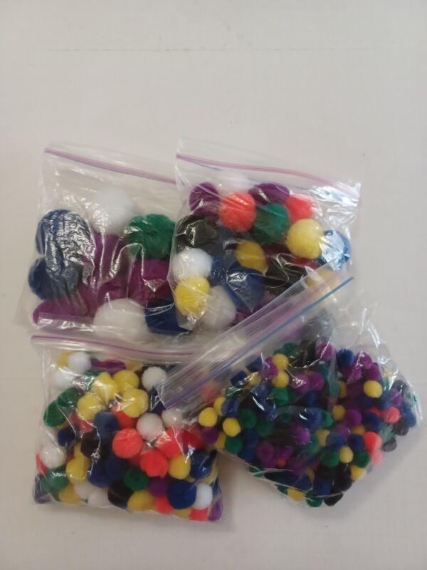 Lot Of Pom poms 4 Sizes for Crafting  White yellow blue green purple orange XL-S