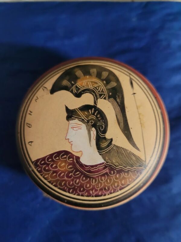 Handmade Vintage Athena Goddess of War Ceramic pot & lid artist signed 2.5" dia
