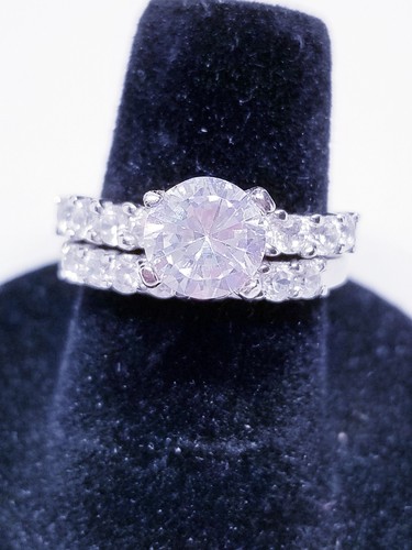Sterling Silver Wedding Ring Set 925 CZ Round sz 6 Engagement & Wedding band