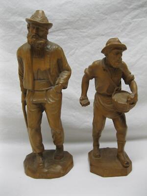 Pair Hungarian European Wood Carving Man Figures Old Vintage Antique Folk Art