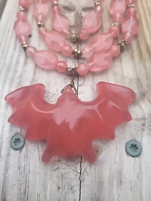 HUGE CARVED VAMPIRE BAT CHERRY QUARTZ PENDANT 3 ROW GLASS BEAD NECKLACE SET 