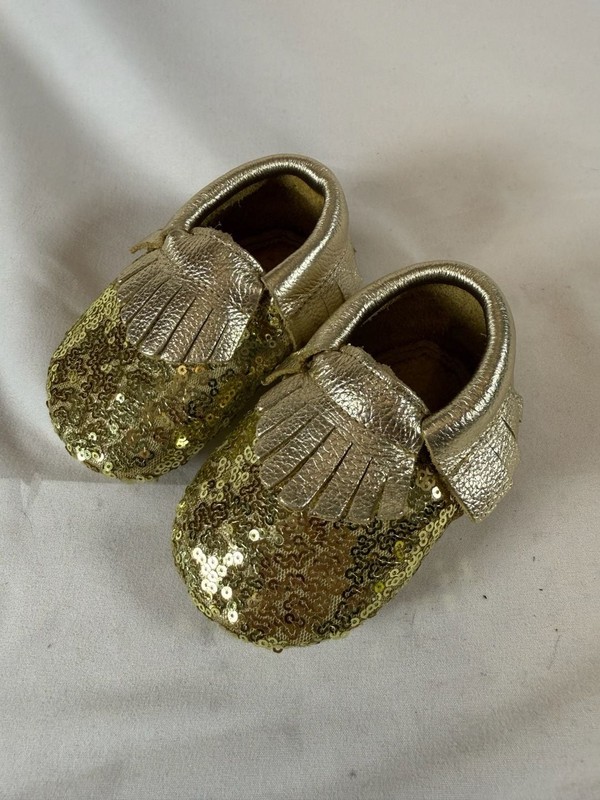Baby Moccasins Size 3 Gold Sequin Fringe Leather Crib Shoes Baby Gifts Fancy