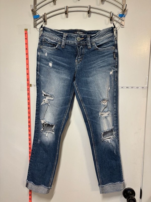 M1: Silver Jeans Co. Suki Skinny Crop Mid Rise Distressed Jeans W27/L25