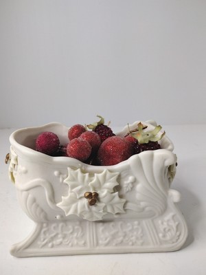 3579  ELEGANT HOLLY  PORCELAIN  SLEIGH, glittery fruits in sleigh extra touch.