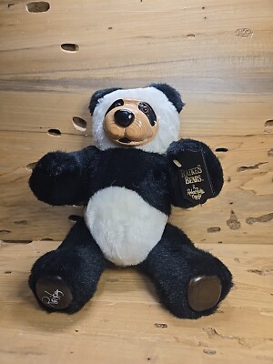 Vintage Robert Raikes Bears  Panda Wooden Face and Foot Signed W/ Tag E587