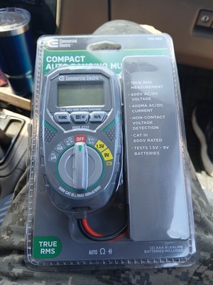 Commercial Electric Compact Auto Ranging Multimeter Tests 1.5-9V Batteries