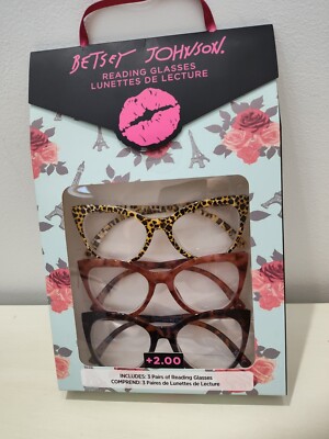 Betsey Johnson 3 Pack Cat Eye Reading Glasses  +2.00 New 3 Different Prints