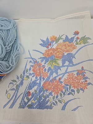 Vintage Flowers Uncompleted Needlepoint Canvas With Yarn 12'' x 13''