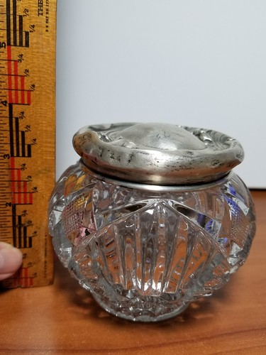 Vintage Art Deco Sterling Silver Poppy Top Cut Glass Powder Jar