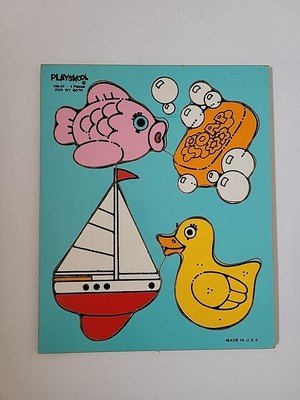 FOR MY BATH wooden frame puzzle Playskool 4-piece Ducky, Boat, Soap, Fish 1970s