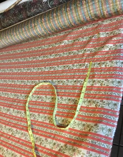 Mid Century upholstery fabric Mauve & Beige Floral Vine Stripes 56.5” wide Vtg