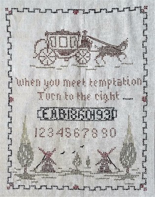 Antique Sampler Cross Stitch 1931 Horse & Coach Temptation Turn Right 11'' by 15''