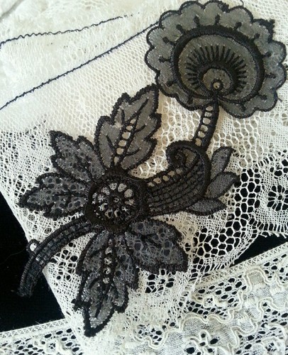 Antique Black Appliqué Needle Lace Figural Mourning Flower Handstitched