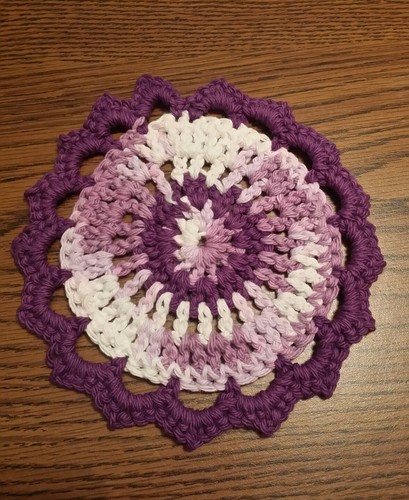 Pretty Purple White Cotton Hand Crocheted Dish Hot Pad Trivet