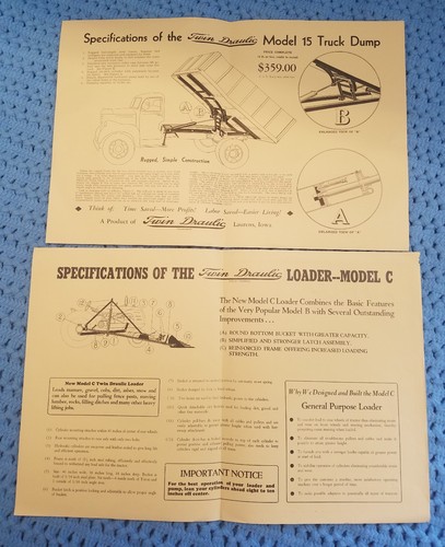 VINTAGE 1940's TWIN DRAULIC BROCHURE COLLECTION / LAURENS, IOWA / RARE!