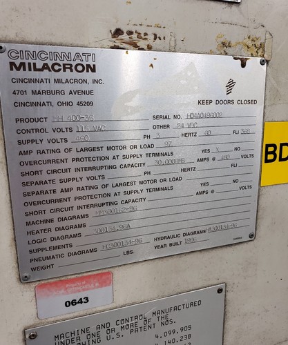 Cincinatti Milacron 400 Ton 36 oz Injection Molding Machine MH400 486   #6537