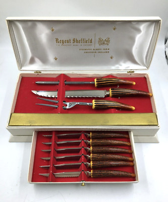 Vintage Regent Sheffield Wavecrest 3 pc Carving Set/6 Steak Knives Bakelite NOS