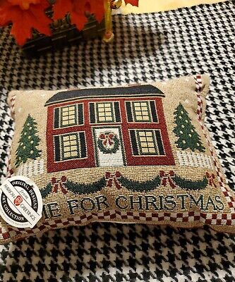 Vtg Christmas Home for Christmas Tapestry Throw Pillow House trees garland bows 