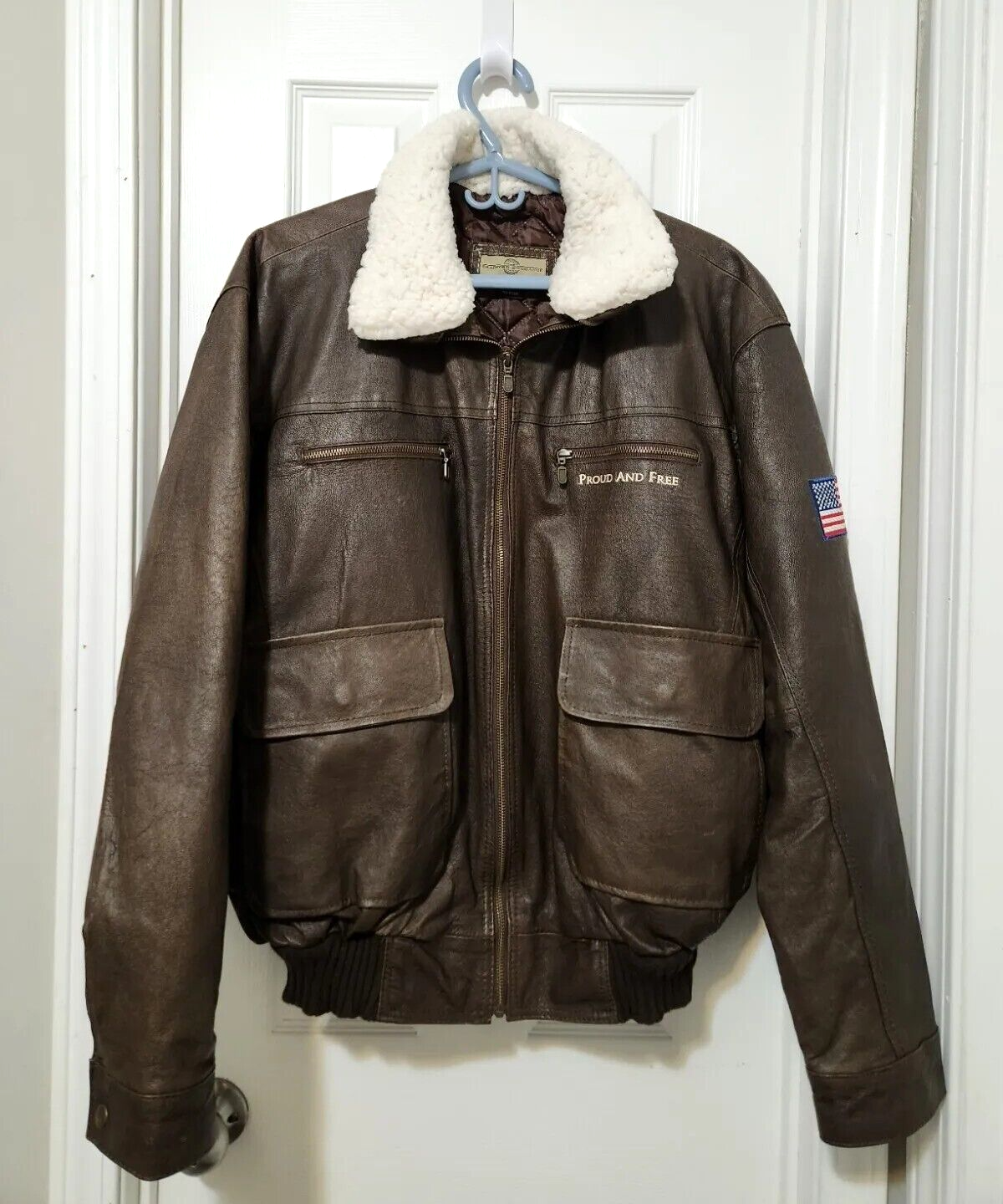 Bradford Exchange Brown Leather Bomber Jacket Patriotic Eagle USA Flag Men's XL