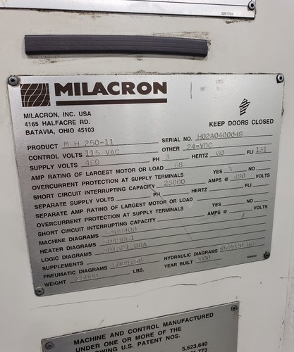 Cincinnati Milacron MH 250 Ton 11oz 486 Camac Injection Molding Machine