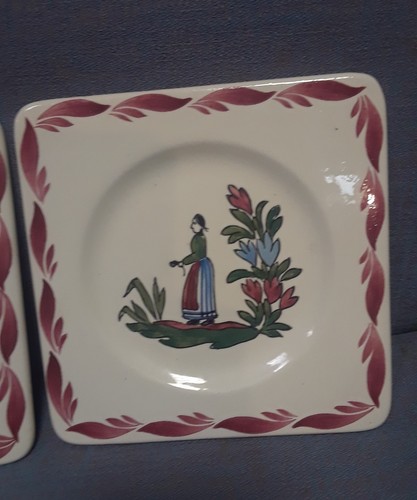 (3) Gien France Woman Lady Plate Coaster Quimper Style Decor 5 1/2
