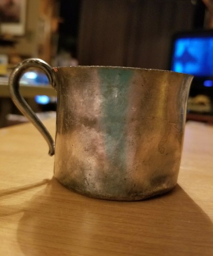 Antique CARLTON Silver Plate Baby Cup Etched BABY Cloud Ornate Handle WaxInside