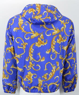 Pre-owned Versace Men's Blue Gold Baroque Hooded Bomber Jacket 38 48 M In Multicolor