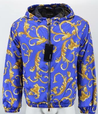 Pre-owned Versace Men's Blue Gold Baroque Hooded Bomber Jacket 38 48 M In Multicolor