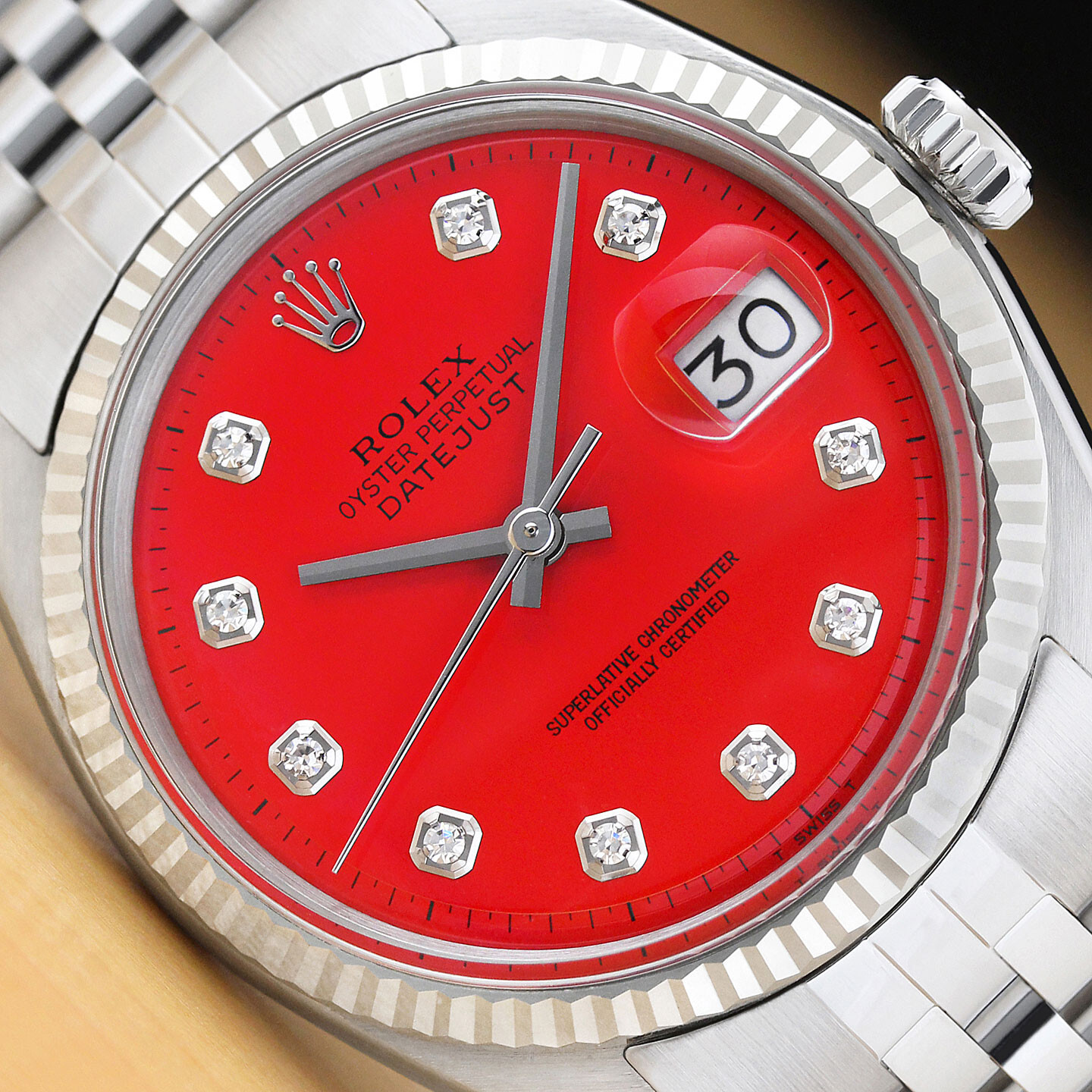 ROLEX MENS DATEJUST RED DIAMOND DIAL 18K WHITE GOLD STEEL
