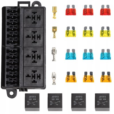 12V Fuse Relay Box 4 Relays and 12 Way ATC/ATO Fuses for Auto Car Marine Boat