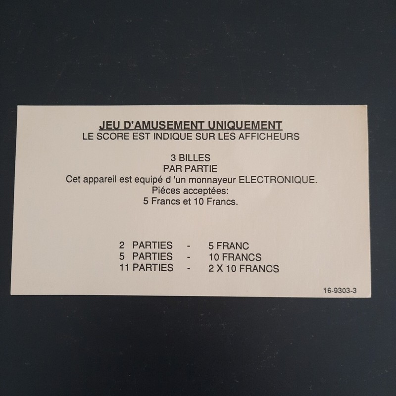 Pinball Pricing Card Vintage Bally Williams Original 16-9303-3 French