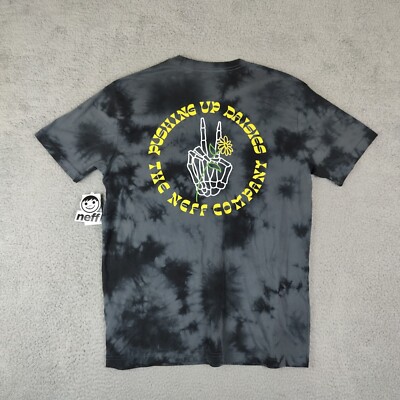 Neff Shirt Mens Large Black Grey Tie Dye Pushing Daisies Skeleton Hand Peace 