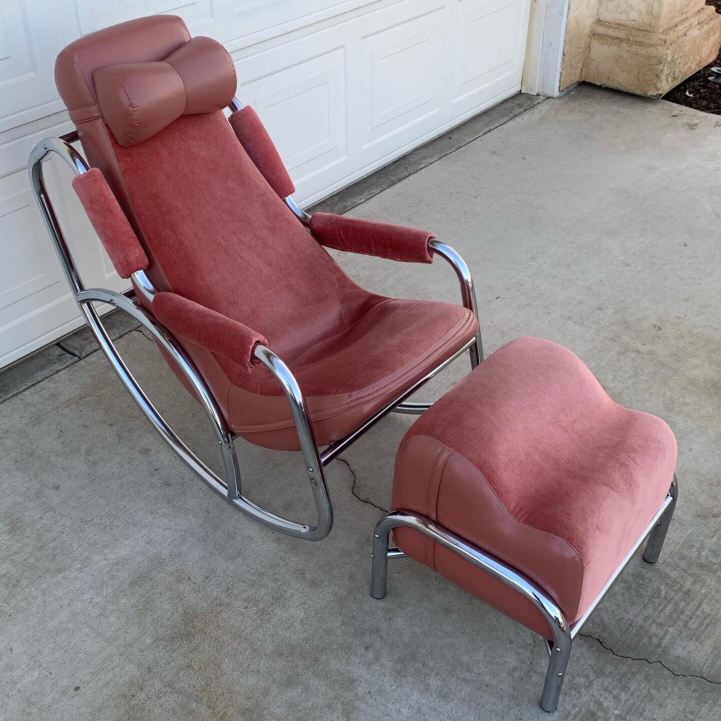 Vintage 1970s Tubular Bent Chrome Rocking Chair with Ottoman