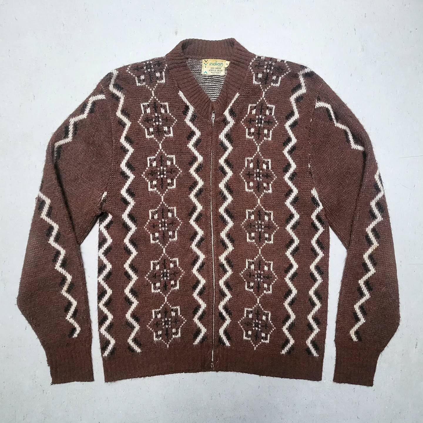 Vtg 50s 60s INDIAN Zip Sweater Cardigan Sz M Brown