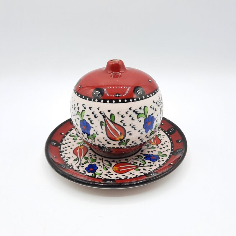 Turkish Pottery Ball Oil Burner w Underplate Red White Black Blue No Wick