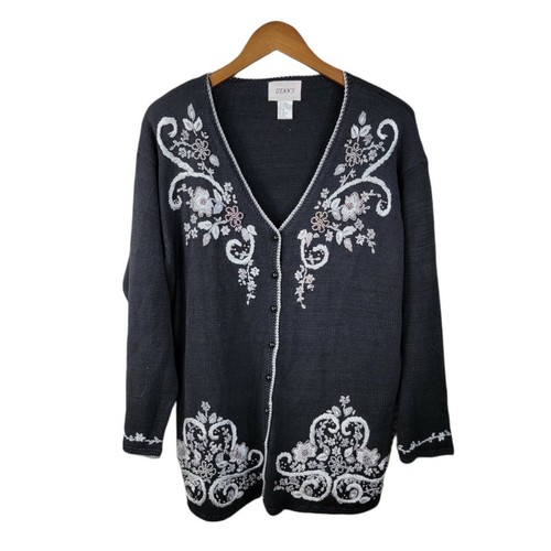 Vintage Y2K size Medium Cardigan Sweater Floral Lace Beaded