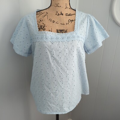 Wrangler Retro Blouse Women's L Blue 100% Cotton Eyelet Short Sl Top NWT! (PT4)