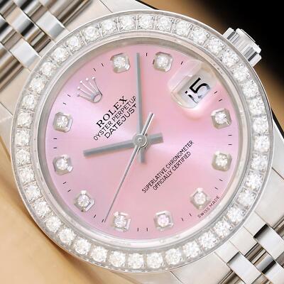 ROLEX MIDSIZE DATEJUST 68274 PINK DIAMOND 1CT BEZEL 18K WHITE GOLD STEEL WATCH