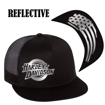 Harley Davidson Reflective Flat Bill Hat Yupoong 6006 Black Snapback Awesome